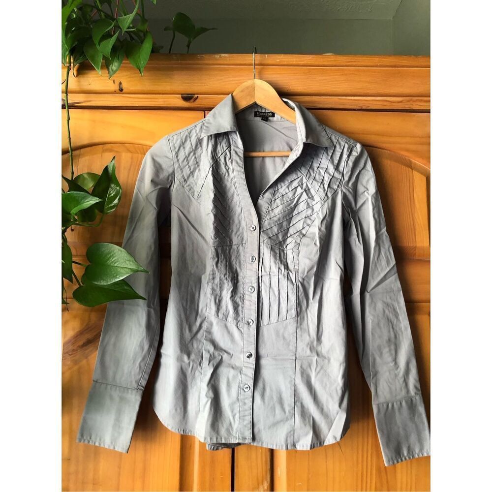 Express Gray Essential Stretch Button Up Shirt Womens XS Fitted - Picture 3 of 12